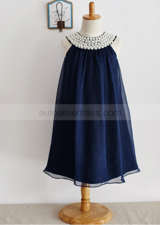 Navy Blue Chiffon Pearls Embellished Slit Back Short Flower Girl Dress